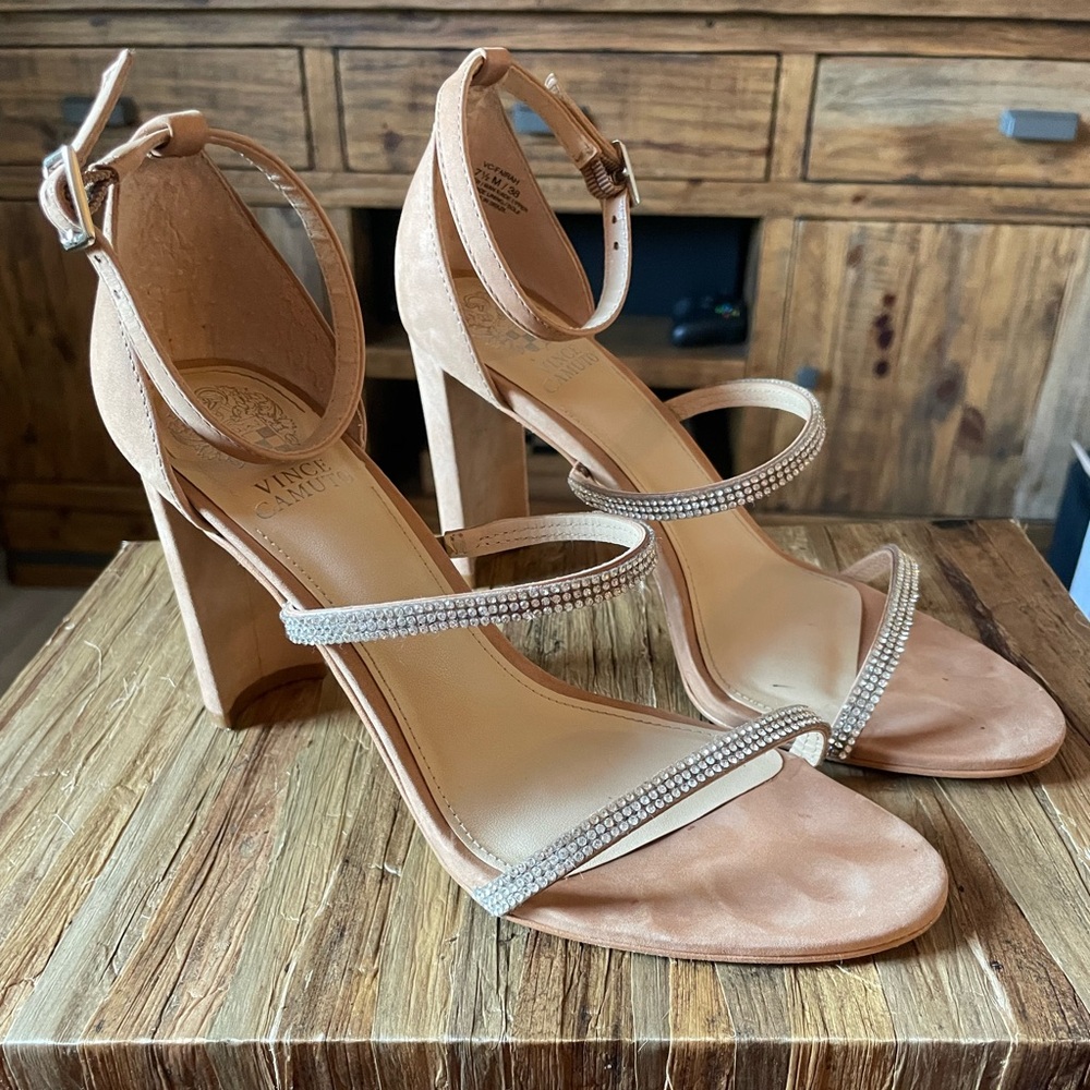 Vince Camuto Tan Heeled Sandals with Rhinestone Straps